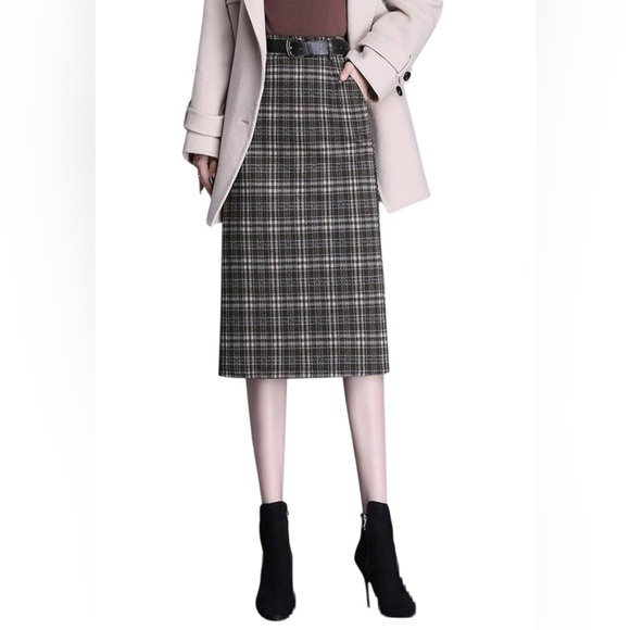 Harve Bernard Vintage Wool Mid Length Plaid High Waist Pencil Womens Skirt Sz 12 - Picture 1 of 12